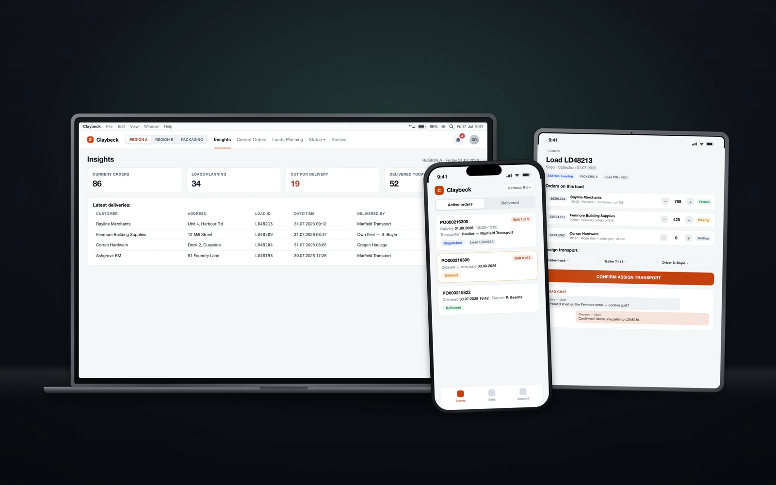 Laptop, tablet, and phone showing the ops dashboard, picker app, and merchant app of one logistics platform