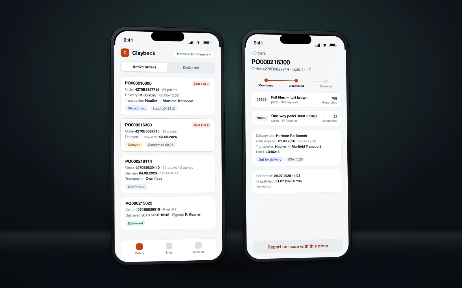 Two phone screens of the merchant app: a list of order cards with split and delayed badges, and an order detail with a status stepper and product lines.