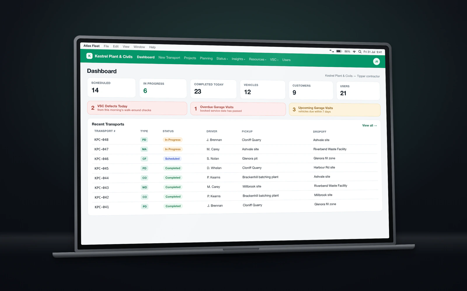 Operations dashboard with six stat tiles, a red-and-amber vehicle-compliance alert row, and a recent-transports table.