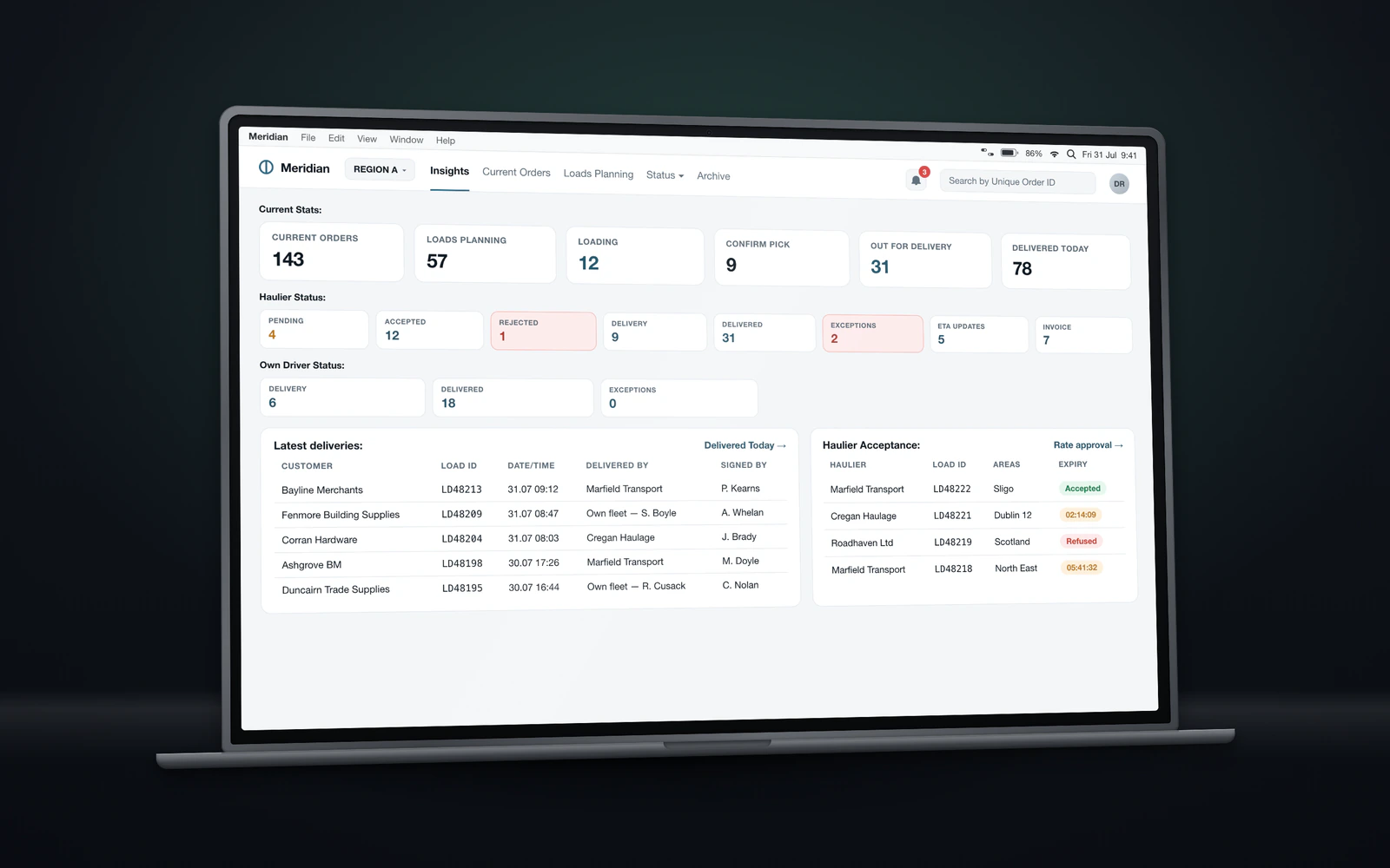 Logistics operations dashboard with order and load counters, haulier status chips, and a latest-deliveries table