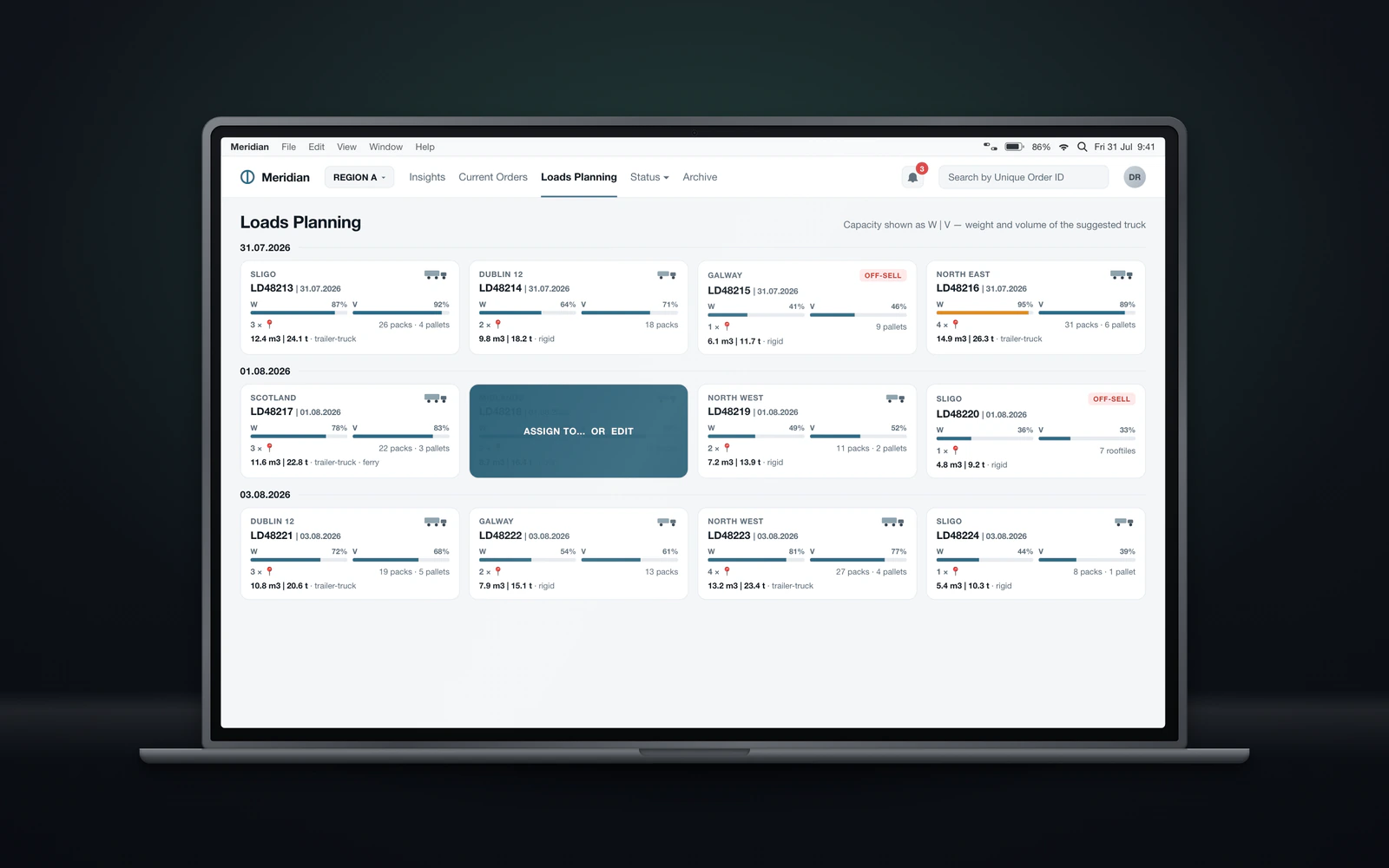 Loads Planning screen: cards grouped under date headers, each with weight and volume fill bars, drop counts, and a truck suggestion.