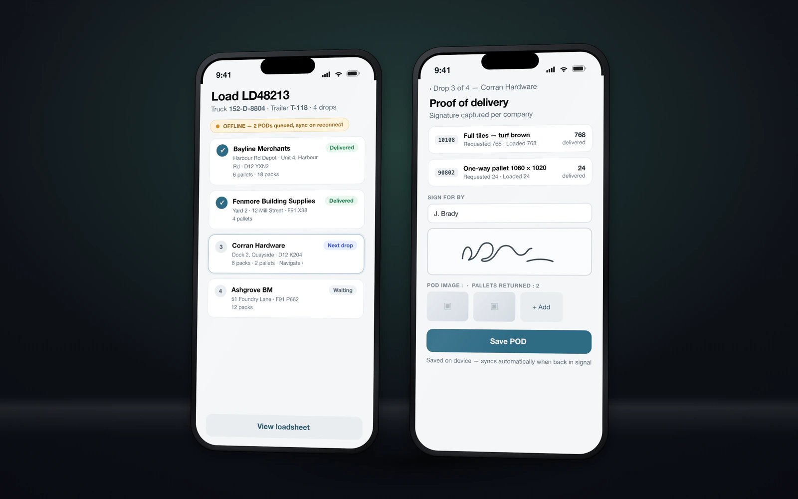 Two phone screens of the driver app: a drop list for the day’s load with an offline banner, and a proof-of-delivery screen with product lines, signature, and photo slots.